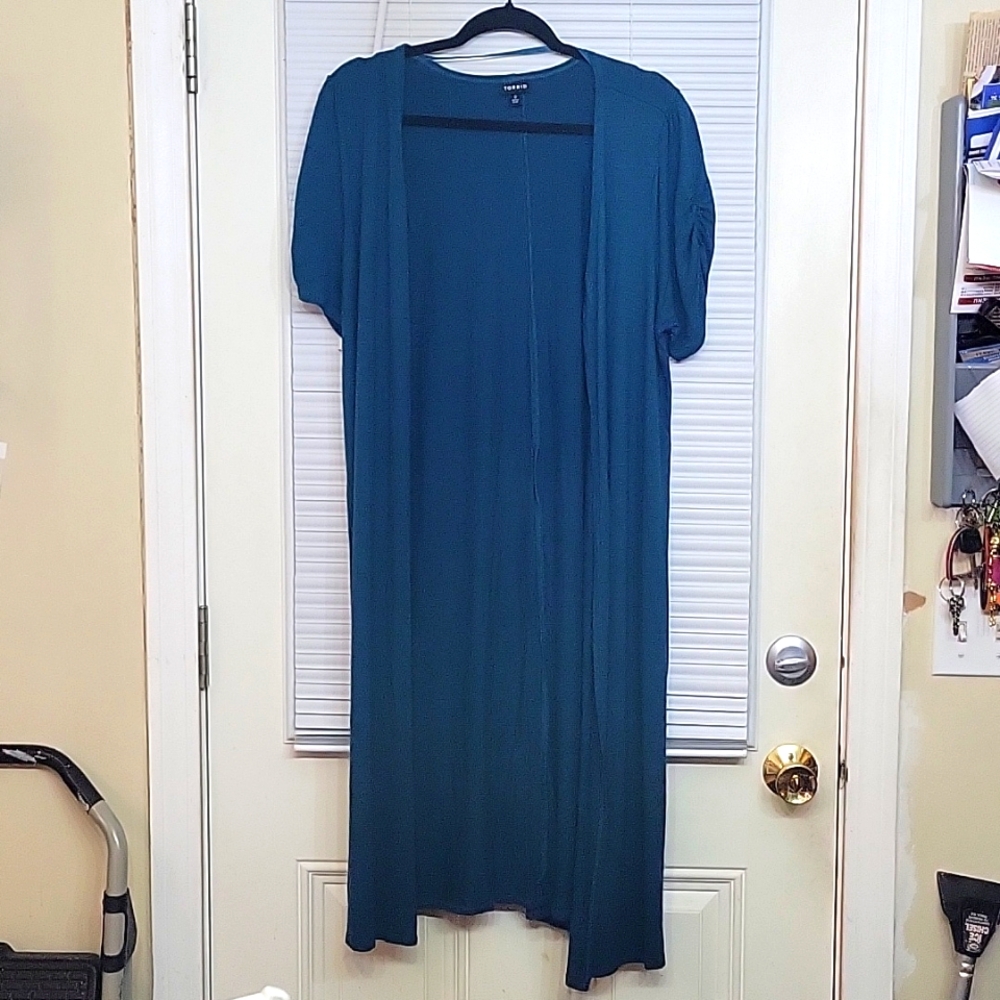 Torrid Long Teal Blue Short-Sleeved Cardigan size Torrid 0 (12/L)